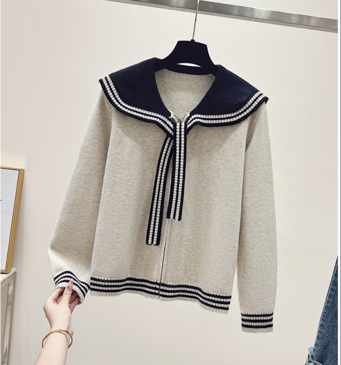 Navy collar coat mixed colors sweater for women