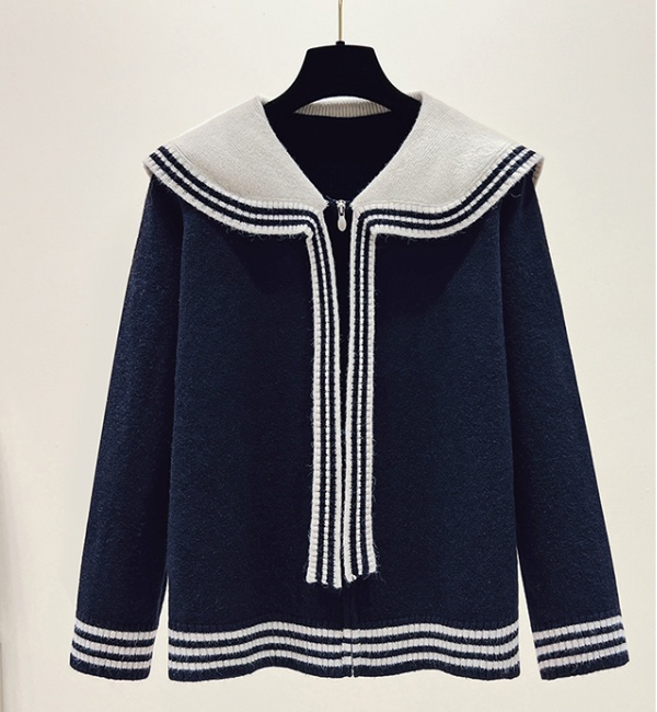 Navy collar coat mixed colors sweater for women