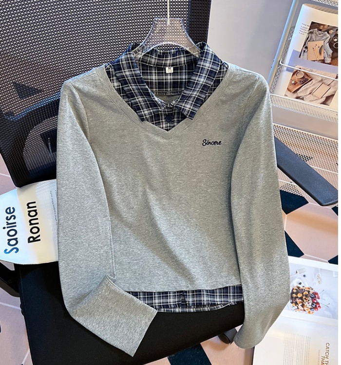 College style slim T-shirt Pseudo-two autumn tops