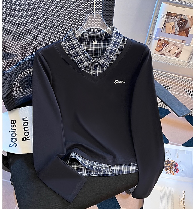 College style slim T-shirt Pseudo-two autumn tops