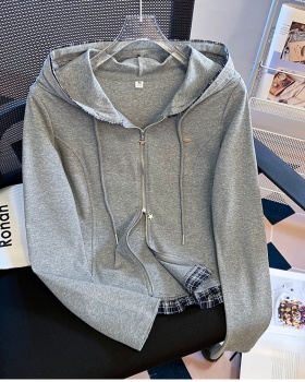 Long sleeve hooded short T-shirt autumn double zip cardigan