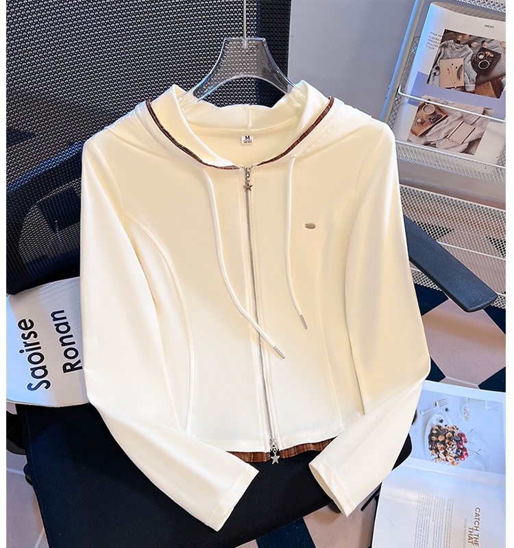 Long sleeve hooded short T-shirt autumn double zip cardigan