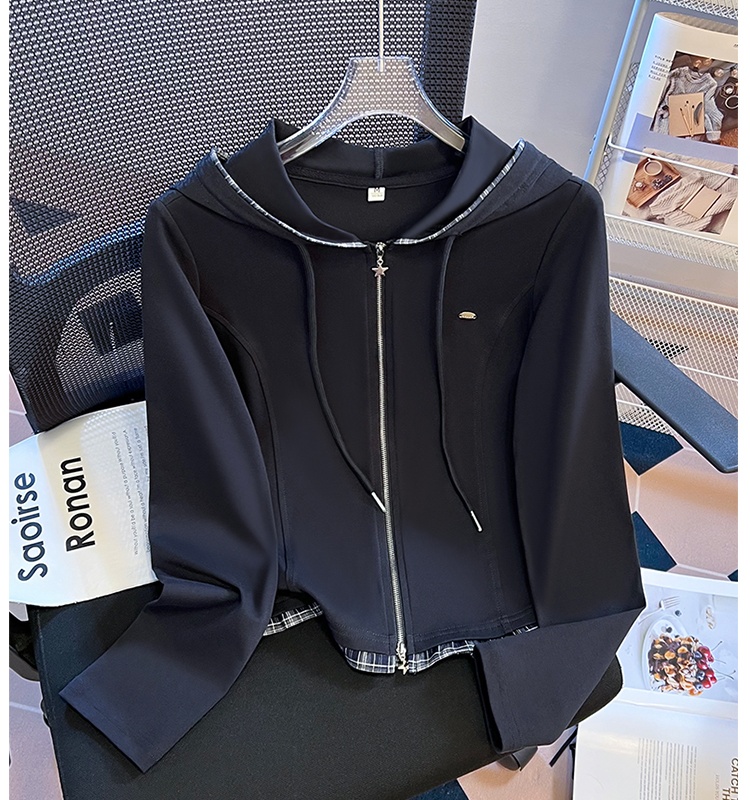 Long sleeve hooded short T-shirt autumn double zip cardigan