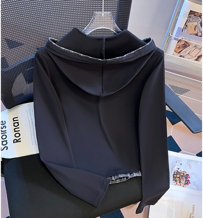Long sleeve hooded short T-shirt autumn double zip cardigan