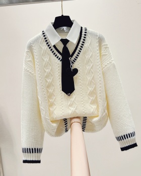 Maiden loose sweater college style Pseudo-two tops