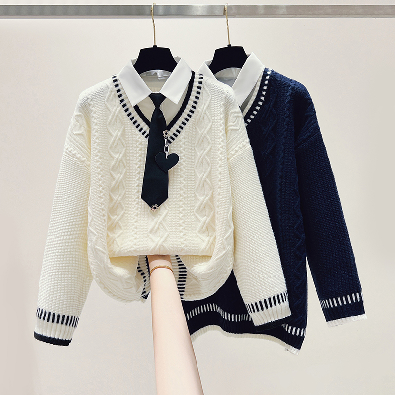 Maiden loose sweater college style Pseudo-two tops