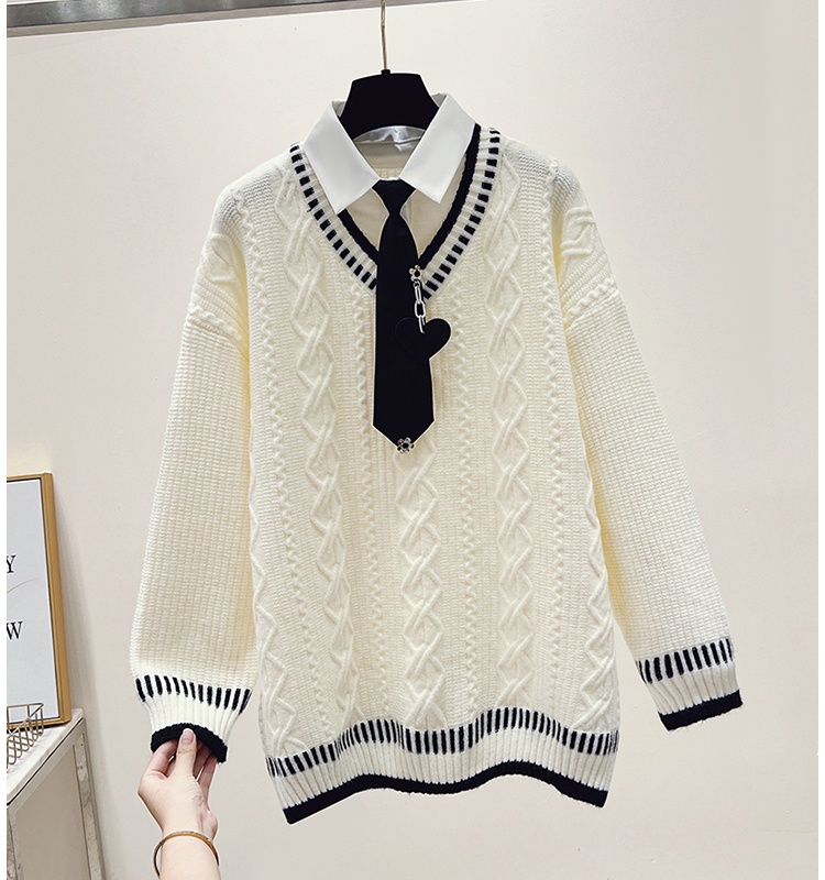 Maiden loose sweater college style Pseudo-two tops