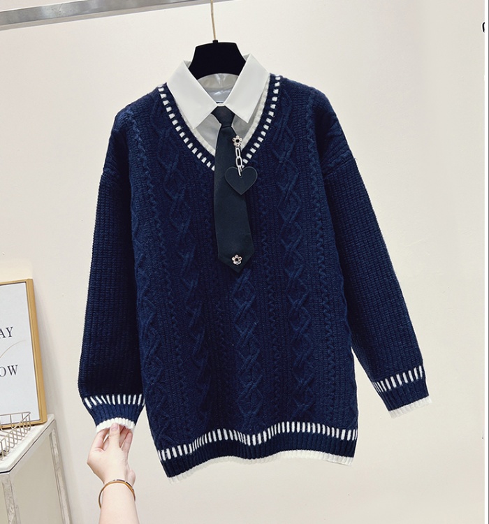 Maiden loose sweater college style Pseudo-two tops