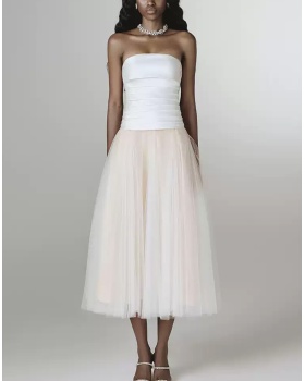 Wrapped chest gauze satin white splice dress