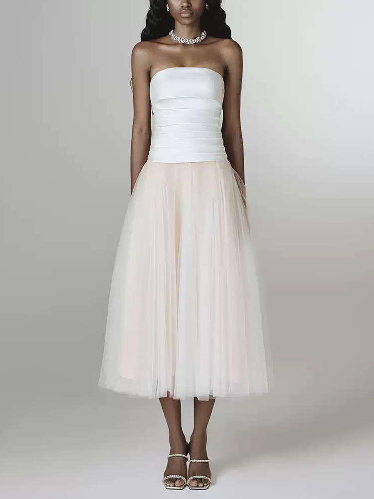 Wrapped chest gauze satin white splice dress
