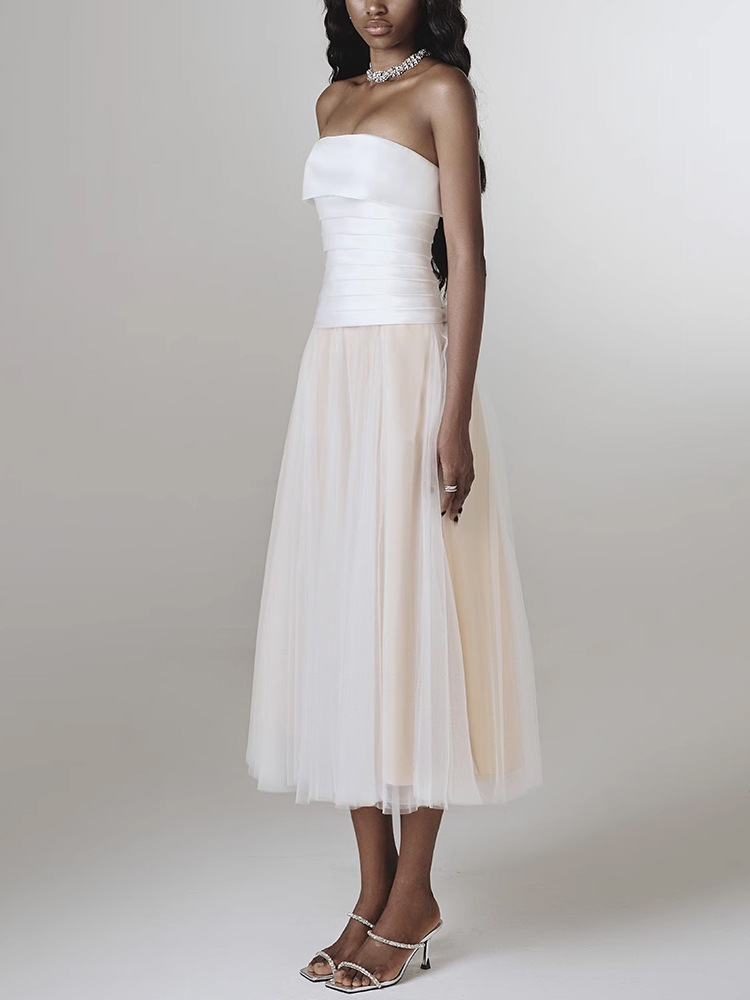 Wrapped chest gauze satin white splice dress