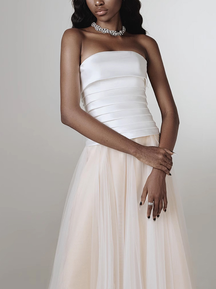Wrapped chest gauze satin white splice dress