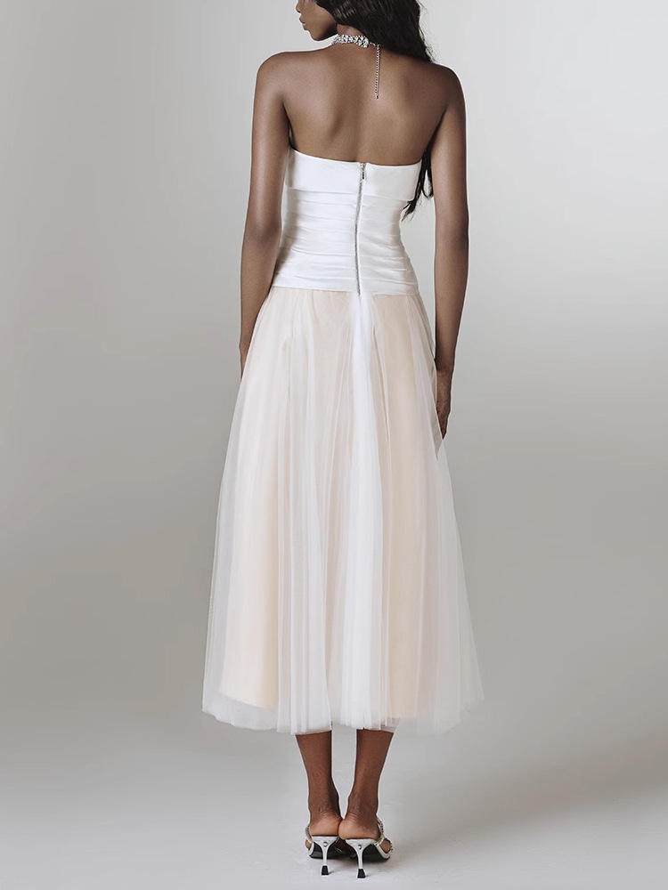 Wrapped chest gauze satin white splice dress
