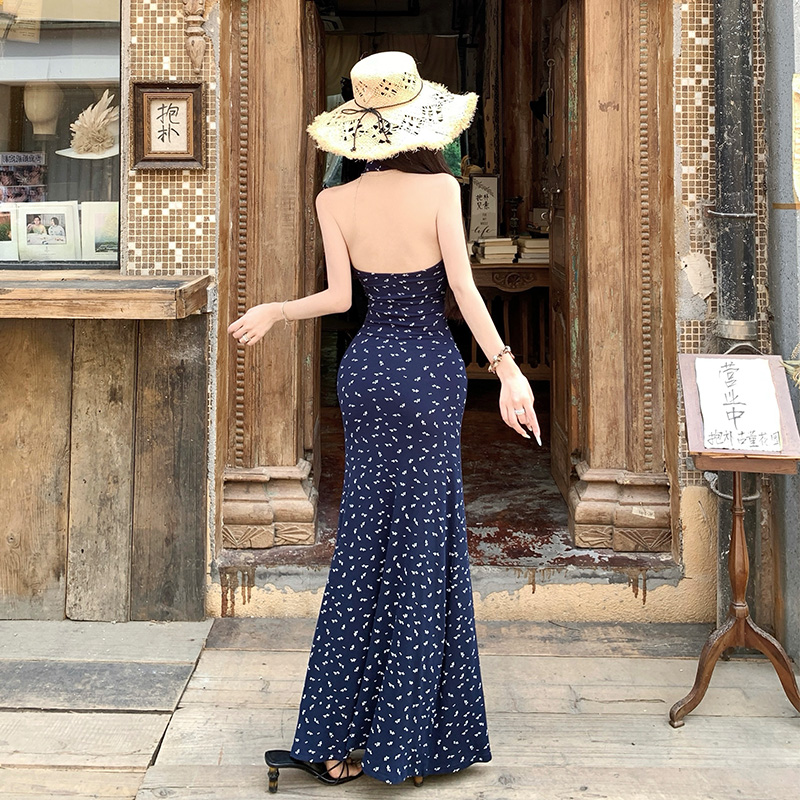 Chest pad retro slim dress printing halter long dress