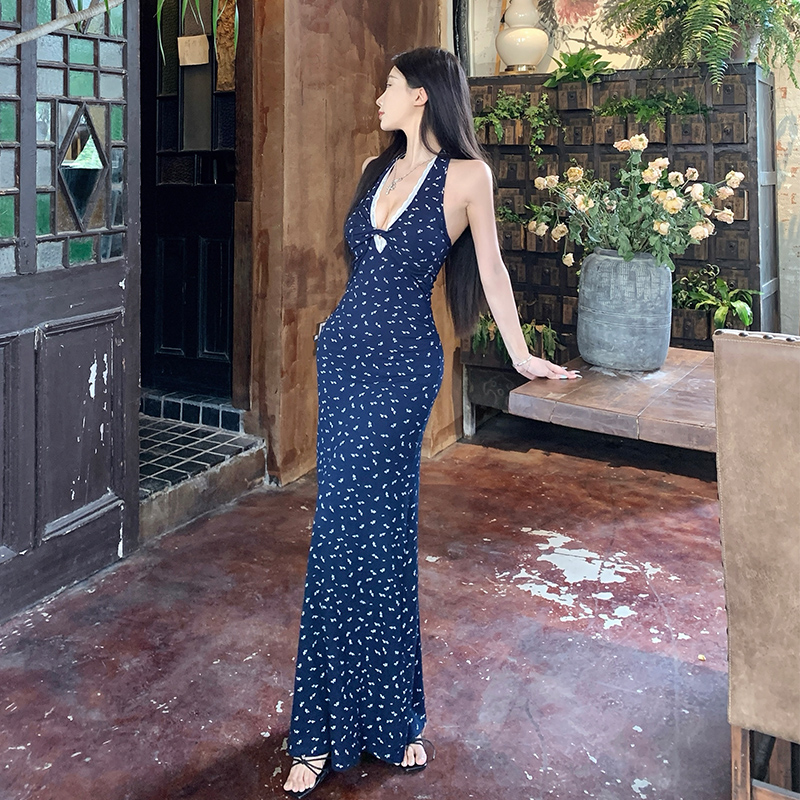 Chest pad retro slim dress printing halter long dress