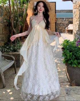 Embroidery lace long dress romantic V-neck dress