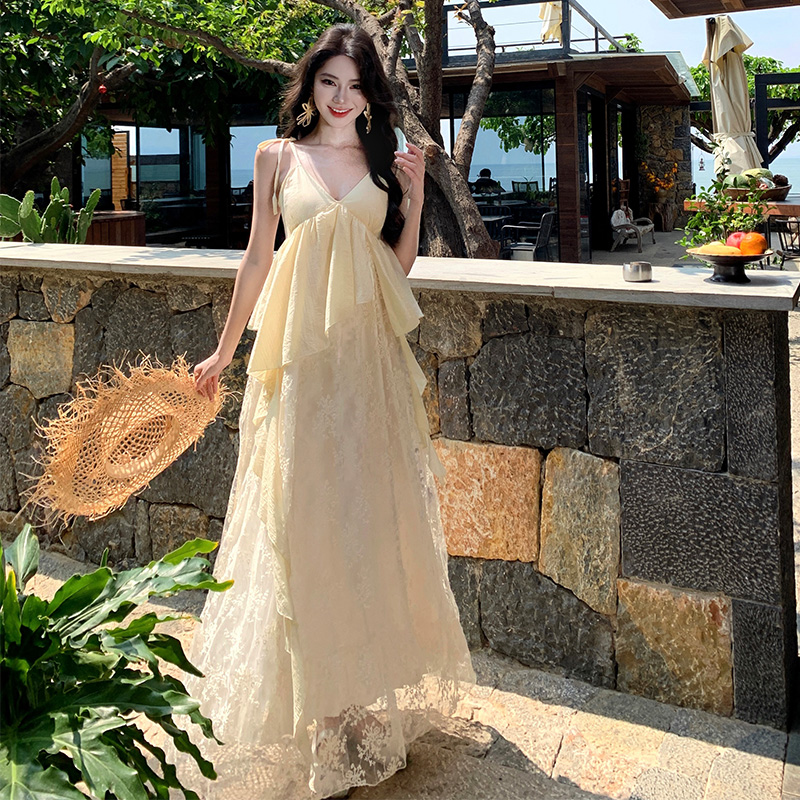 Embroidery lace long dress romantic V-neck dress