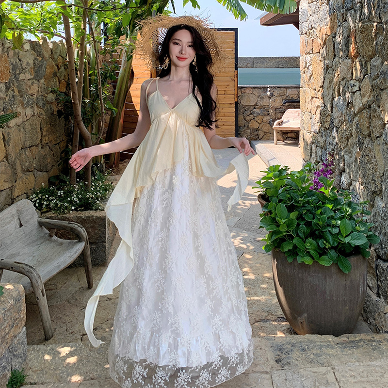 Embroidery lace long dress romantic V-neck dress