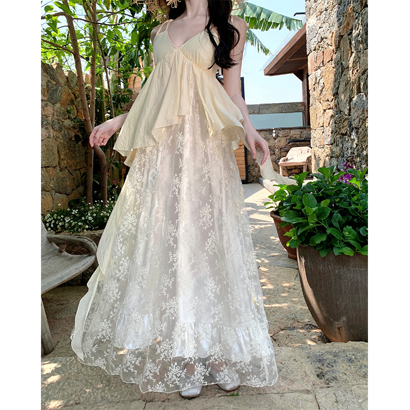 Embroidery lace long dress romantic V-neck dress