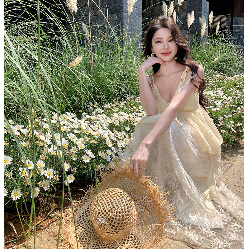 Embroidery lace long dress romantic V-neck dress