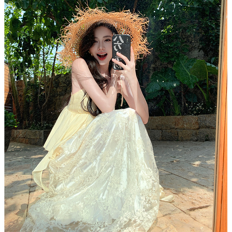 Embroidery lace long dress romantic V-neck dress