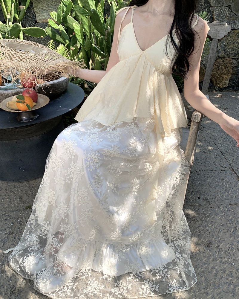 Embroidery lace long dress romantic V-neck dress