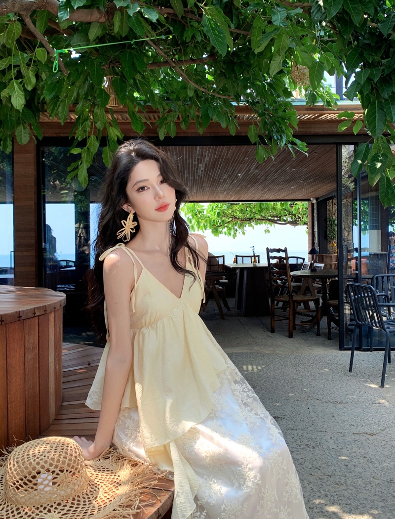 Embroidery lace long dress romantic V-neck dress