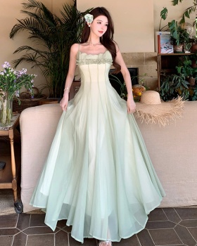 Big skirt was white beach dress green chest pad long dress