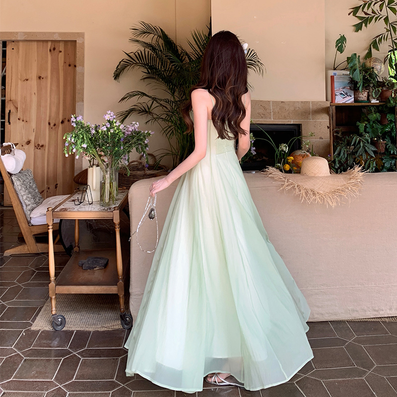 Big skirt was white beach dress green chest pad long dress