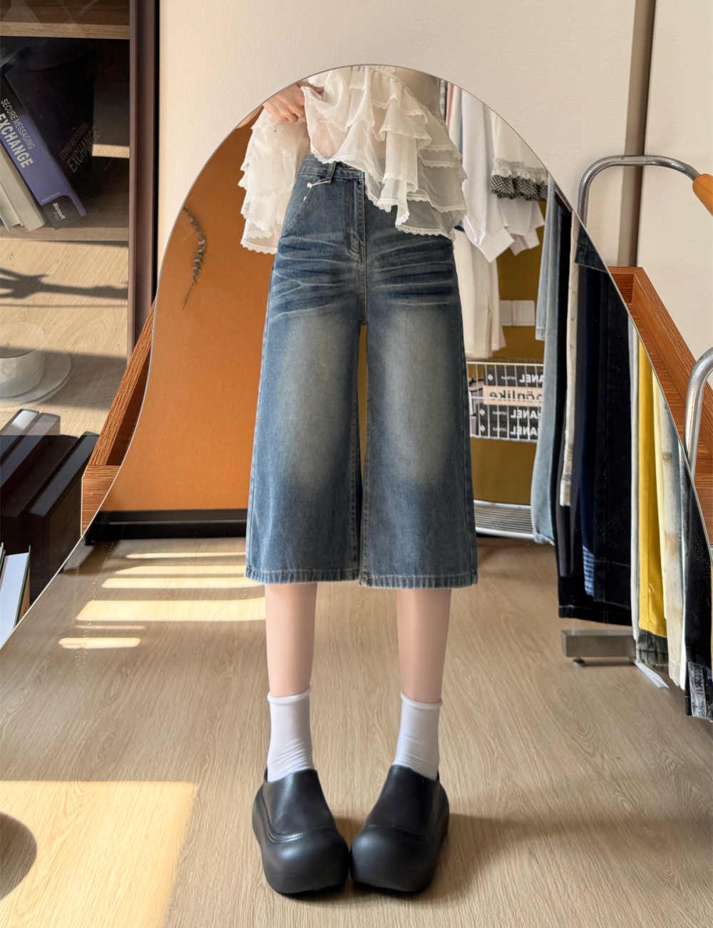 Summer denim wide leg pants black American style five pants