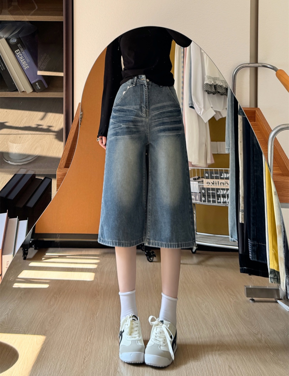 Summer denim wide leg pants black American style five pants
