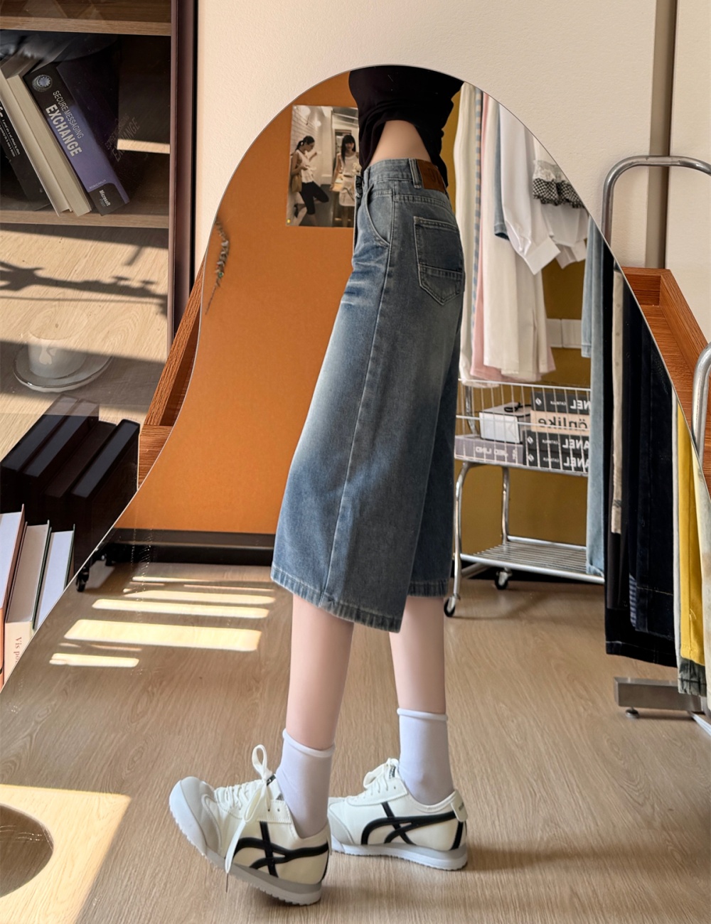 Summer denim wide leg pants black American style five pants