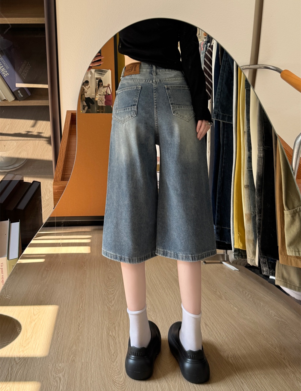 Summer denim wide leg pants black American style five pants