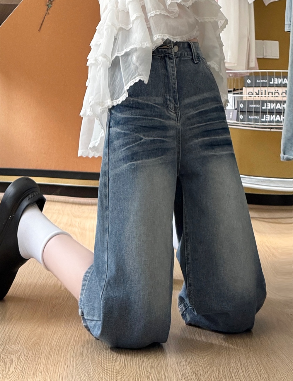 Summer denim wide leg pants black American style five pants