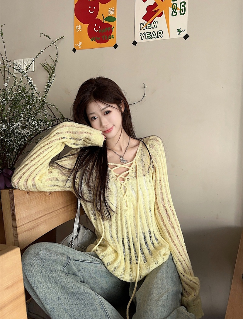 Loose hollow autumn bandage all-match Casual sweater for women