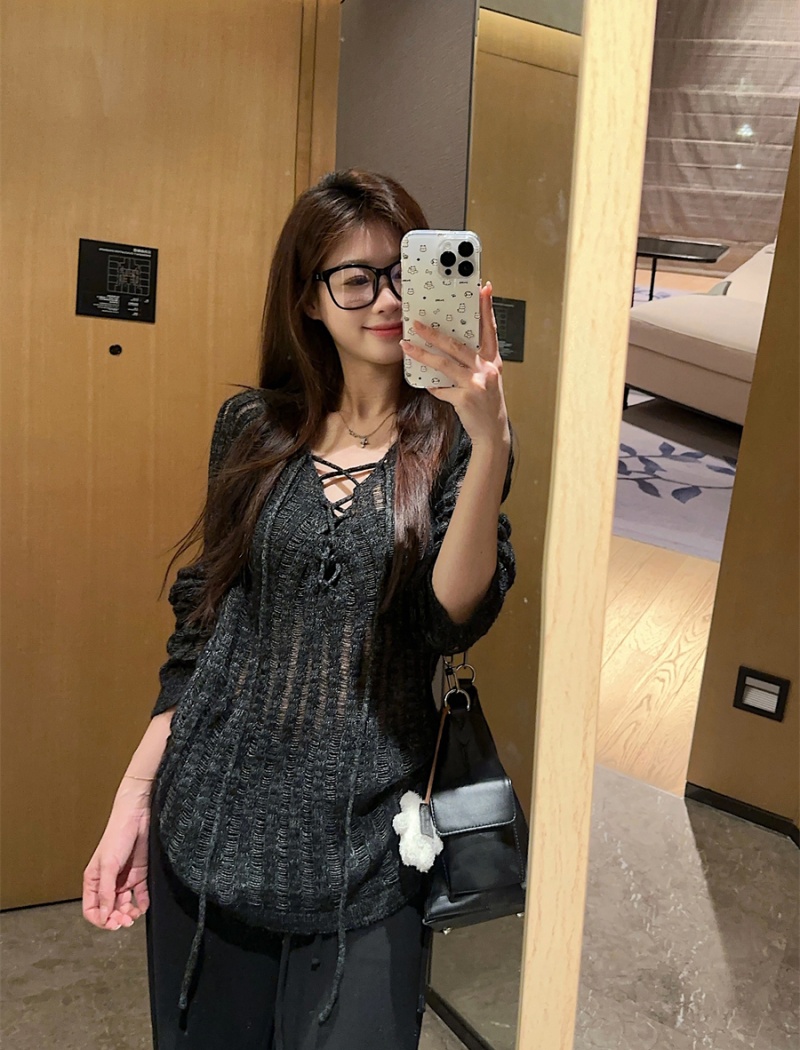 Loose hollow autumn bandage all-match Casual sweater for women