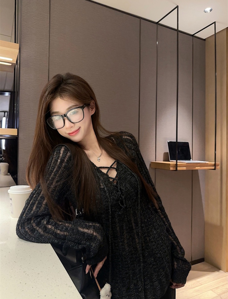 Loose hollow autumn bandage all-match Casual sweater for women