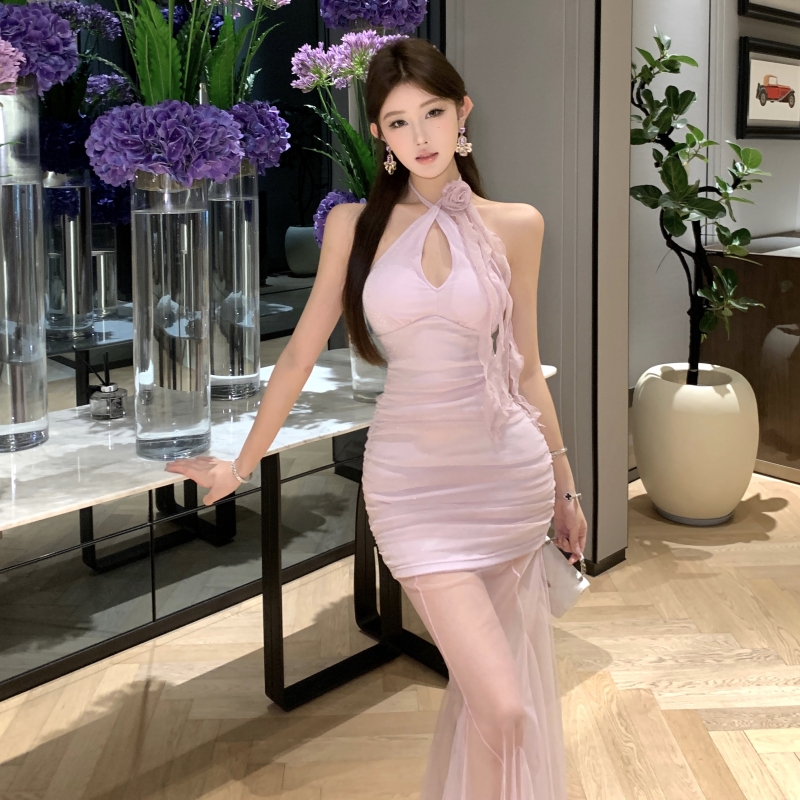 Halter slim T-back spicegirl gauze dress a set
