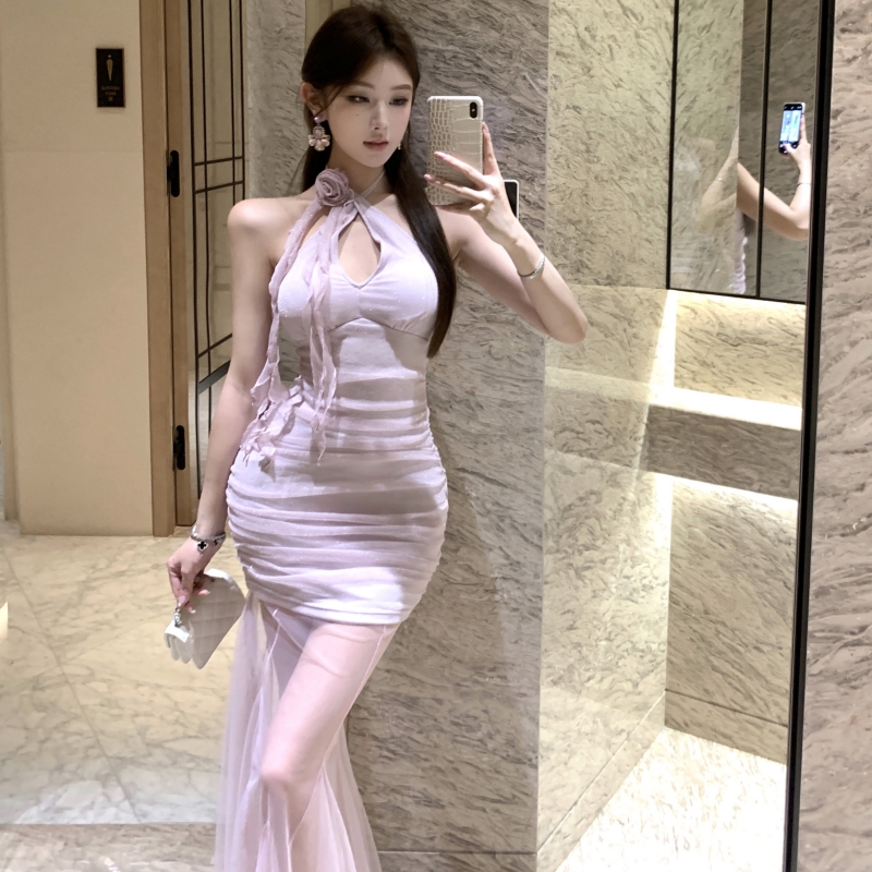 Halter slim T-back spicegirl gauze dress a set
