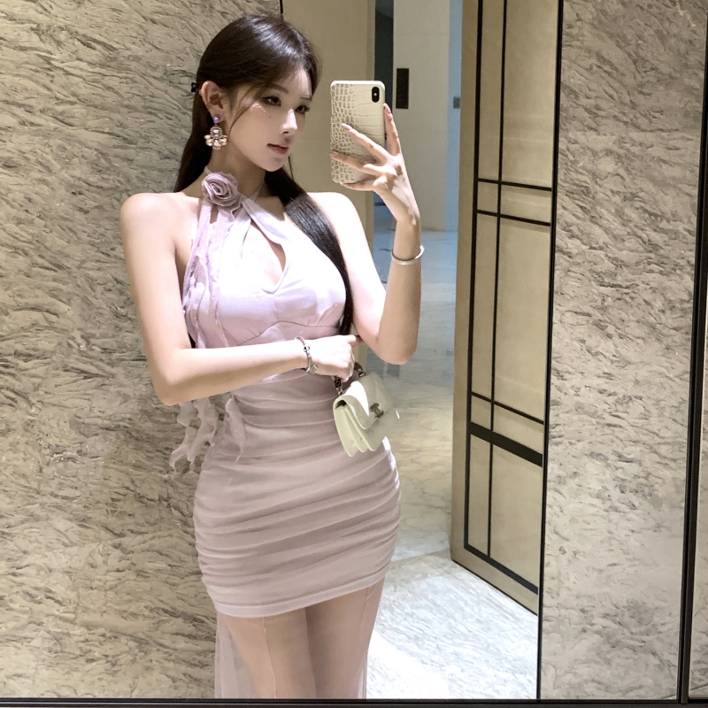 Halter slim T-back spicegirl gauze dress a set