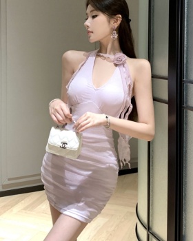 With chest pad spicegirl slim short halter gauze dress
