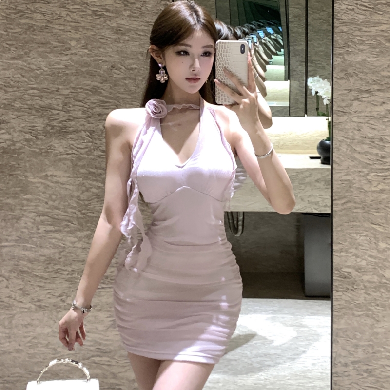 With chest pad spicegirl slim short halter gauze dress