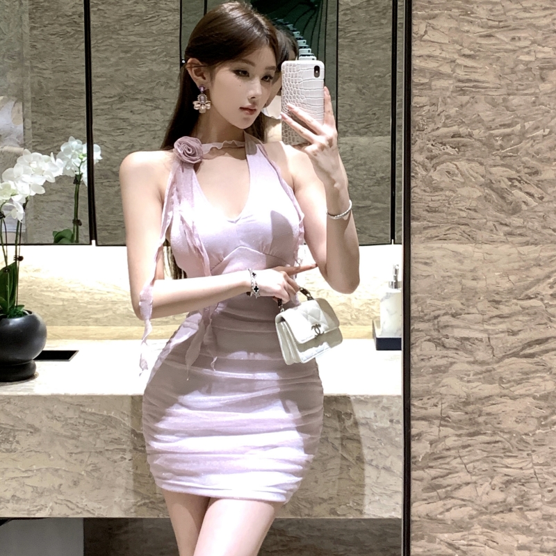 With chest pad spicegirl slim short halter gauze dress