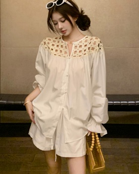 Puff sleeve shoulder shirt hollow flax shorts a set