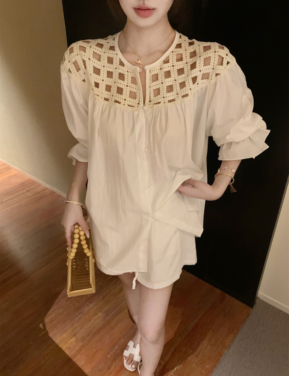 Puff sleeve shoulder shirt hollow flax shorts a set