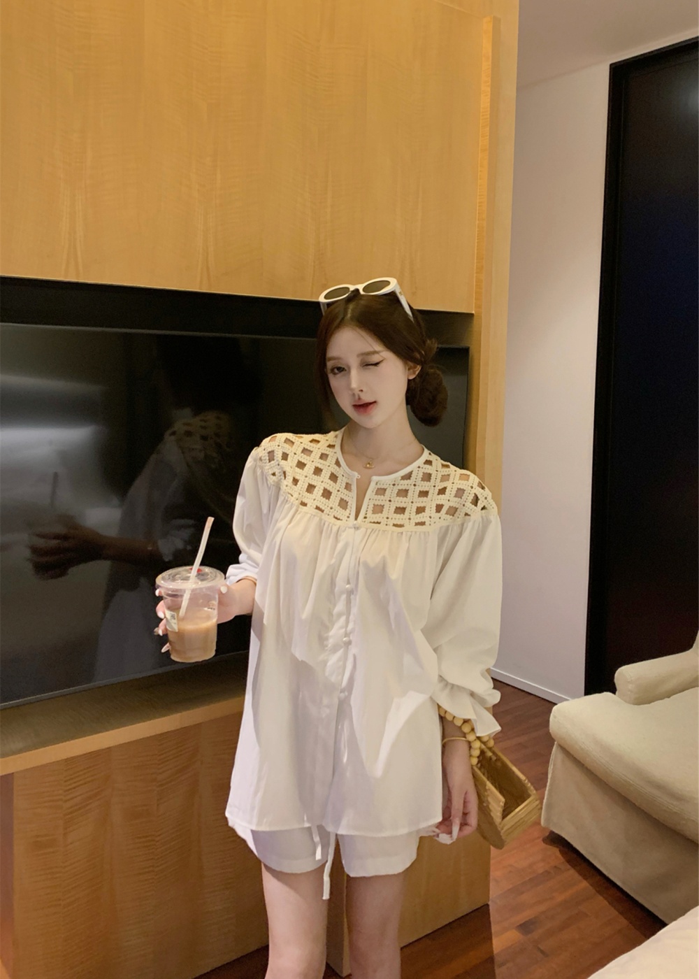 Puff sleeve shoulder shirt hollow flax shorts a set