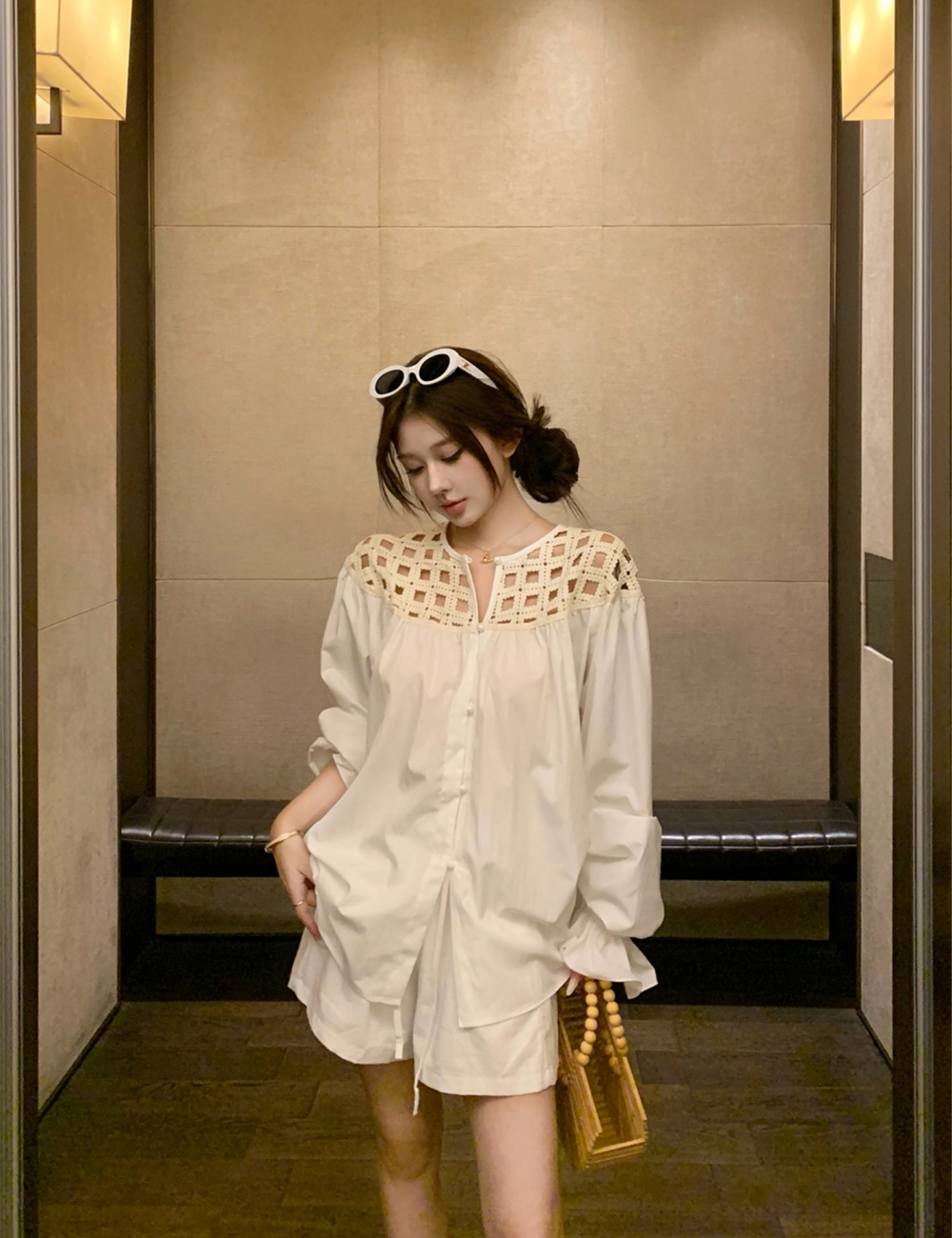 Puff sleeve shoulder shirt hollow flax shorts a set