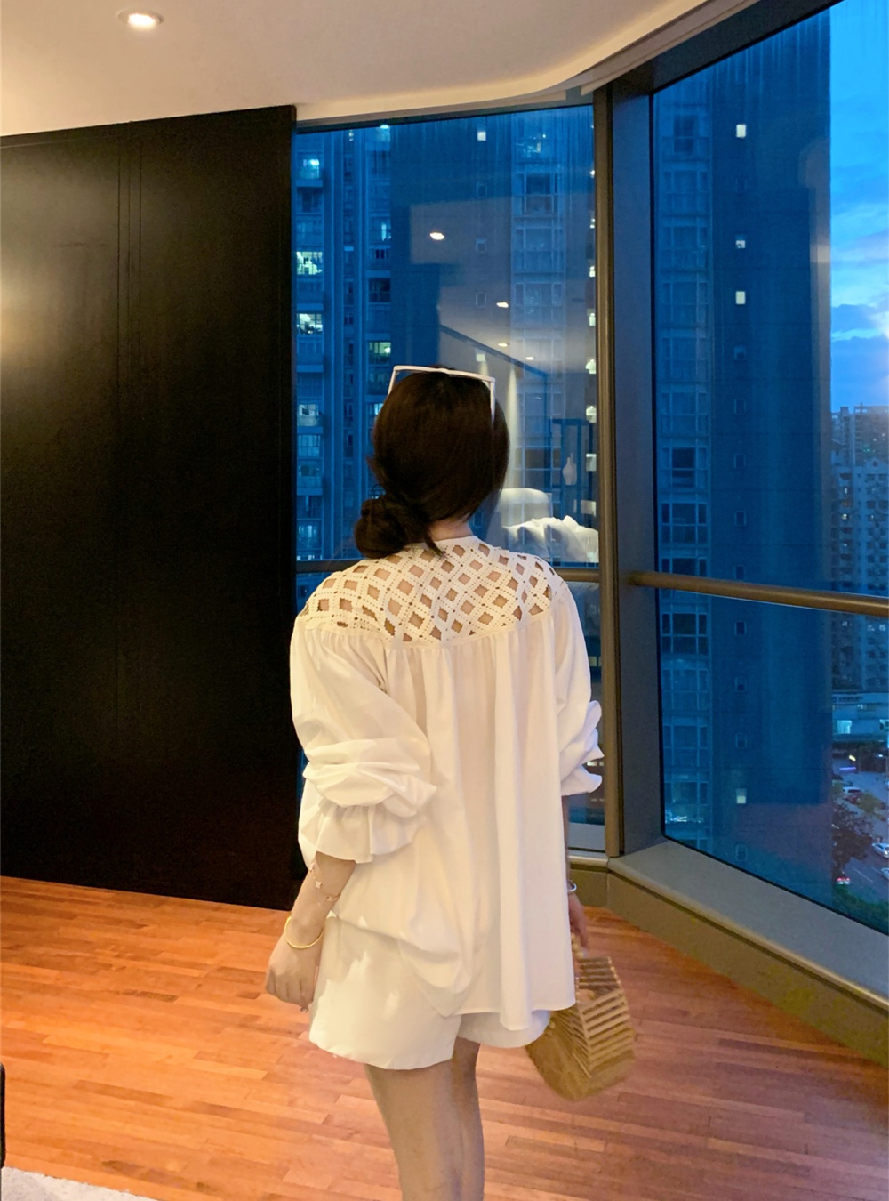 Puff sleeve shoulder shirt hollow flax shorts a set