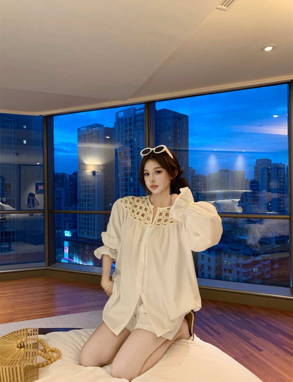 Puff sleeve shoulder shirt hollow flax shorts a set