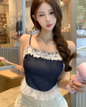 Sling maiden lace imitation denim tops